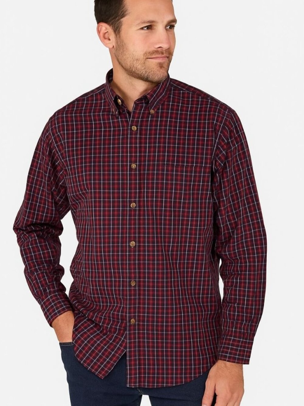 Orvis Mens Shirt Plaid Long Sleeve Button Down Navy Red Brown Tan Size M